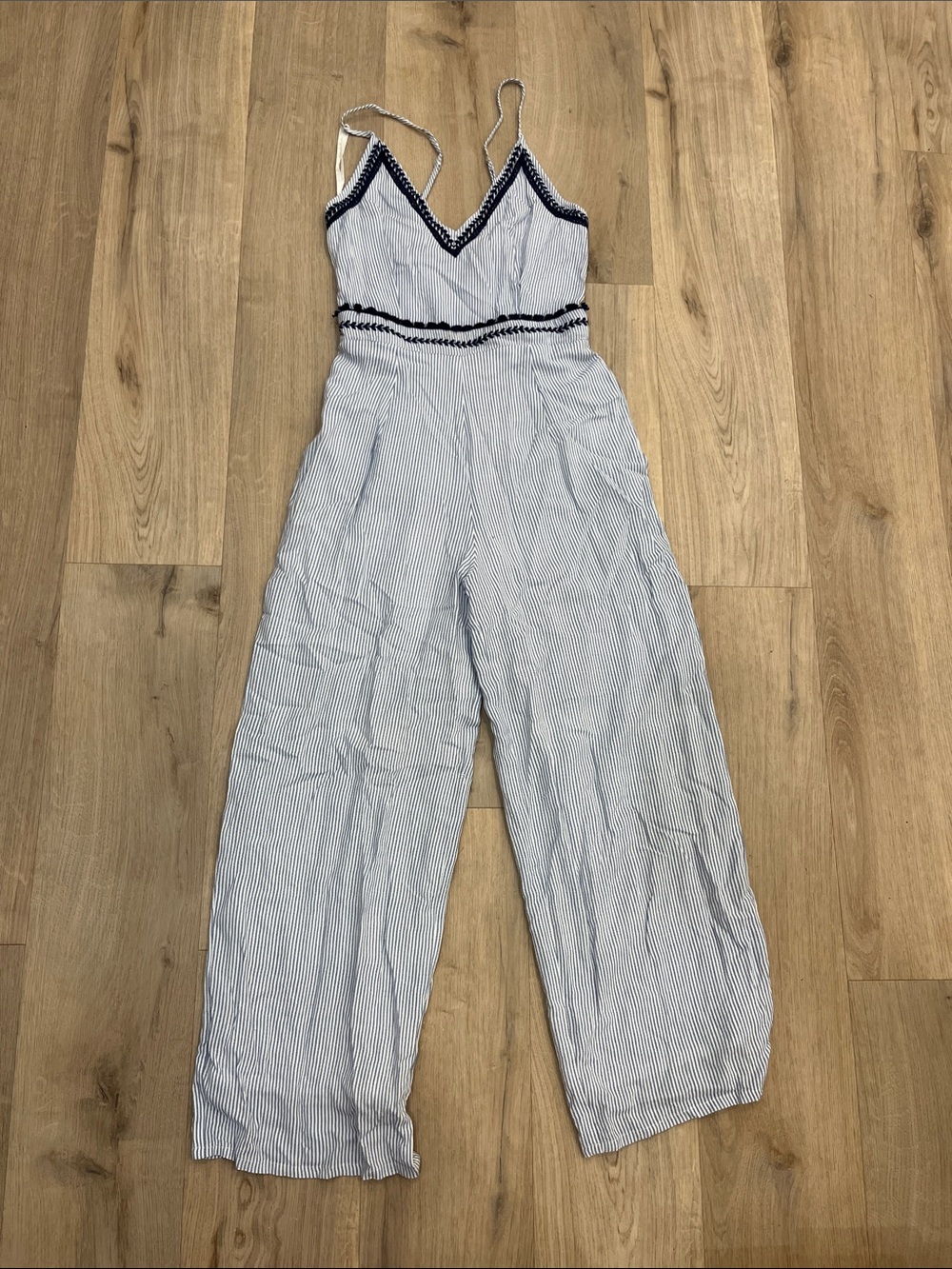 Japna Navy Trim Blue & White Striped Spaghetti-Strap Jumpsuit